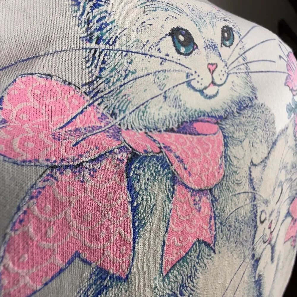 80s/90s Vintage Graphic Cat T-Shirt Pastel Kawaii Kitten | Made in USA - Picture 11 of 14